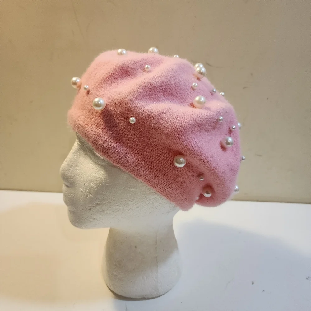 Pink Wool Beret with Pearl Embellishments